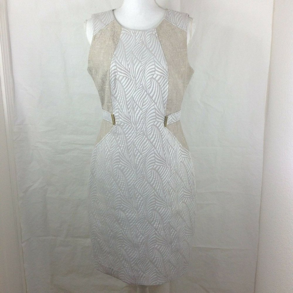 Calvin Klein White and Beige Patterned Sheath Dress